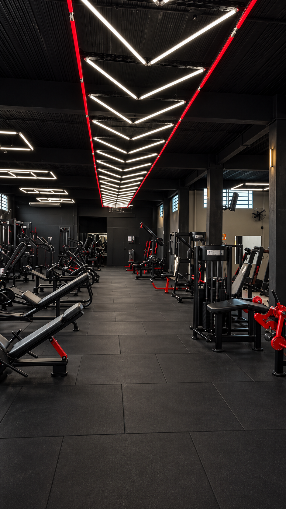 Visão ampla de um espaço de treino com equipamentos e iluminação geométrica no teto